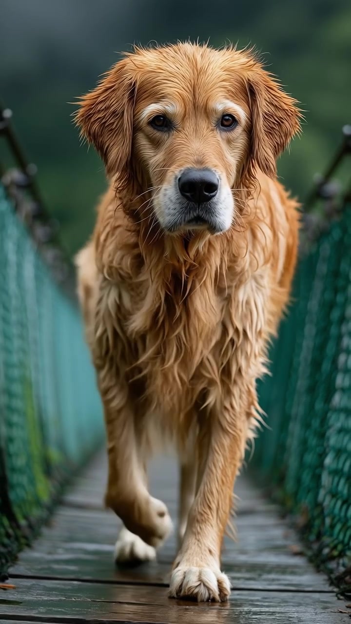 Perro Golden Retriever mojado caminando por un estrecho puente de madera sobre un cuerpo de agua en la naturaleza