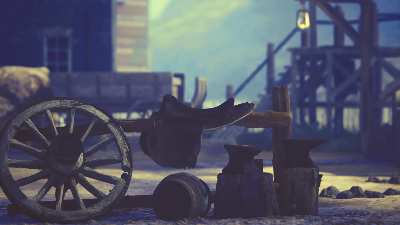 Antique wagon wheel and tools displayed at a historic village site