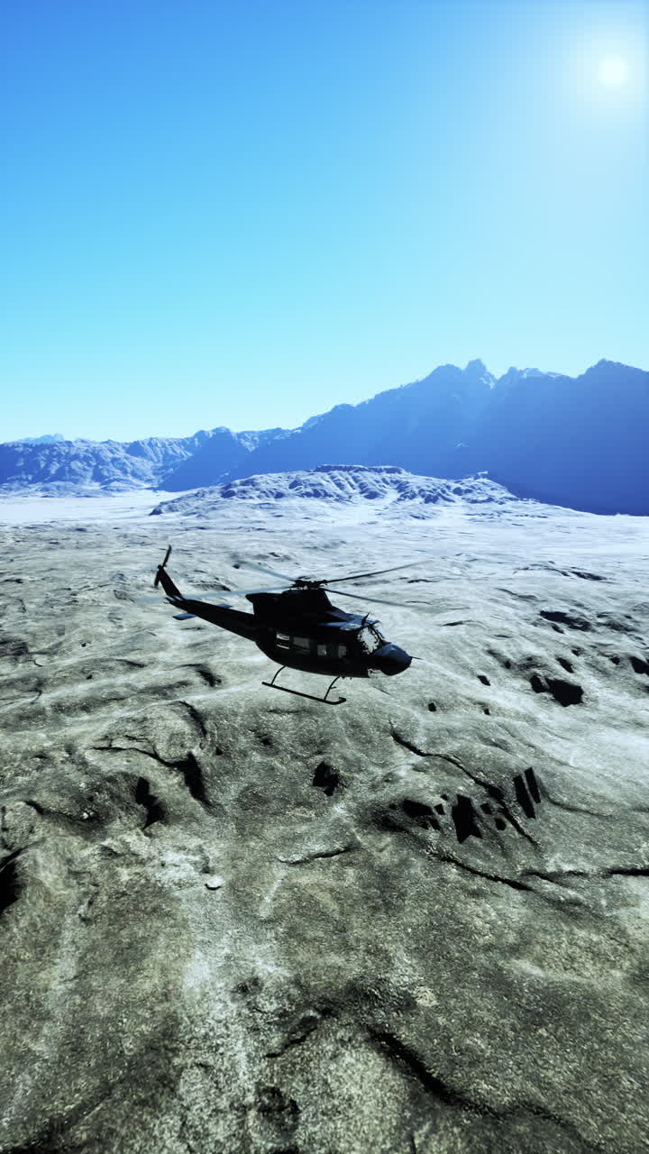 Retro american military helicopter flying over snow