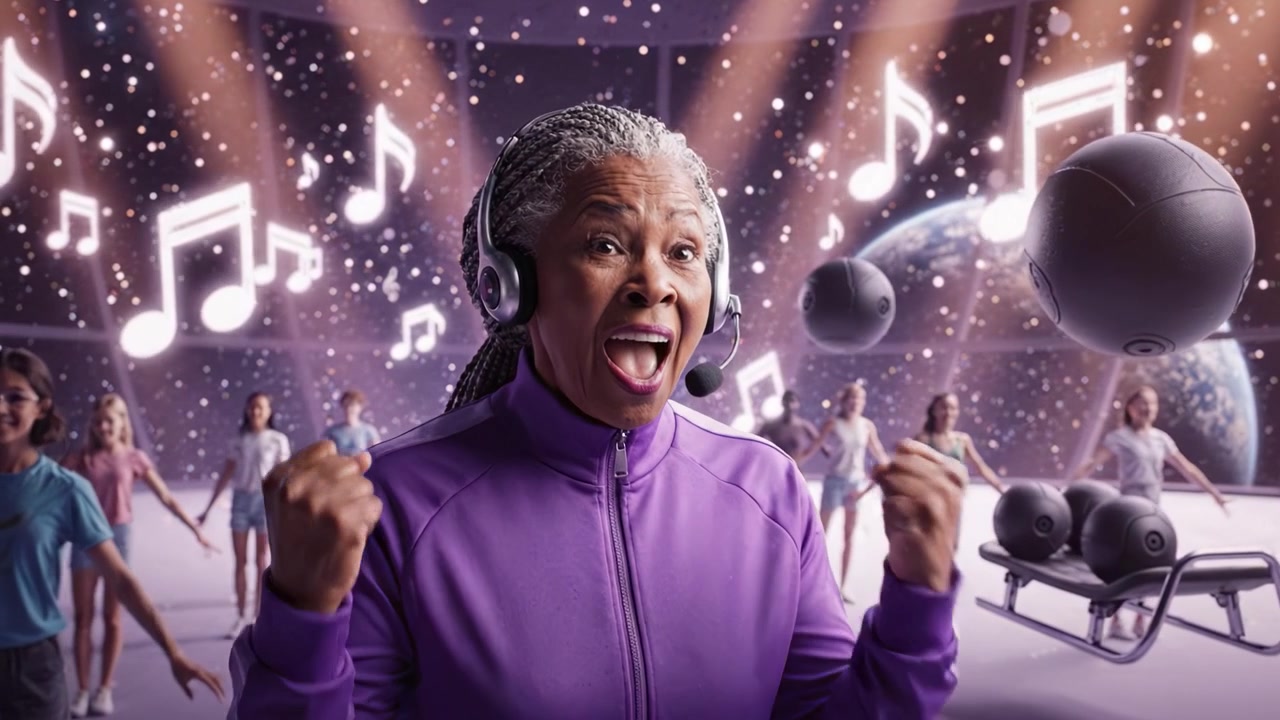 Viaggio stimolante: un'anziana donna sicura di sé che conduce una dinamica lezione di fitness in uno spazio futuristico con cristalli scintillanti e vibrazioni musicali.