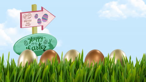 animation of easter eggs in grass and happy easter and egg hunt text on boards over blue sky