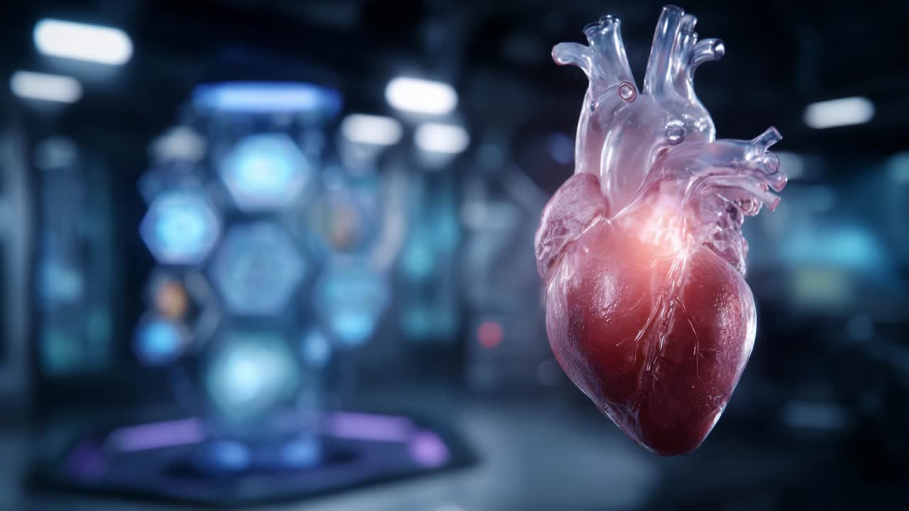 A Stunning Visualization of the Human Heart Highlighting Its Anatomical Precision and Significance in Medical Science, Set Against a Futuristic Background with Digital Interfaces and Complex Data Displays