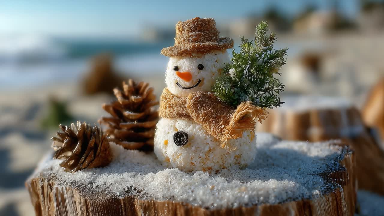 Charming Snowman Decorated with Pinecones and Greenery, Captured at the Beach in a Winter Wonderland Setting, Perfect for Holiday Cheer and Seasonal Joy