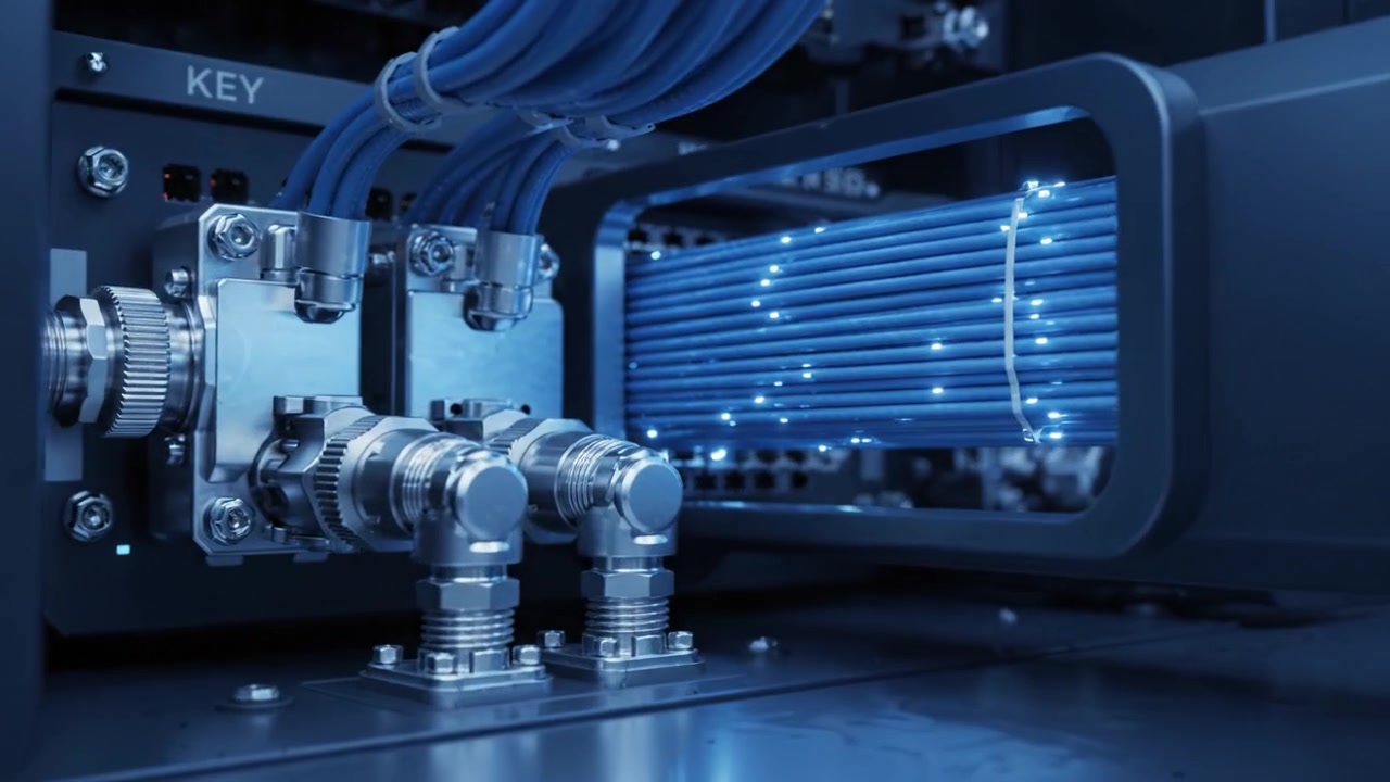 High-Tech Data Center with Advanced Server Racks and Illuminated Ethernet Cables Showcasing Modern Networking Technologies in a Sleek, Futuristic Environment