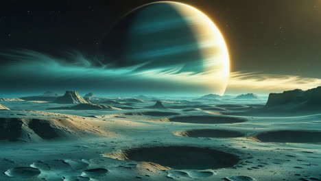 vast alien landscape with a ringed gas giant planet