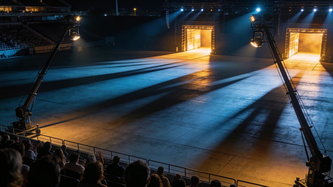 Lighting cue sending blue and amber beams across empty floor at arena, audience awaiting doors