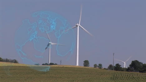 animation of globe over wind turbines in countryside