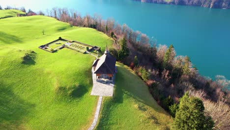 a beautiful lakeside house nestled in the rolling hills