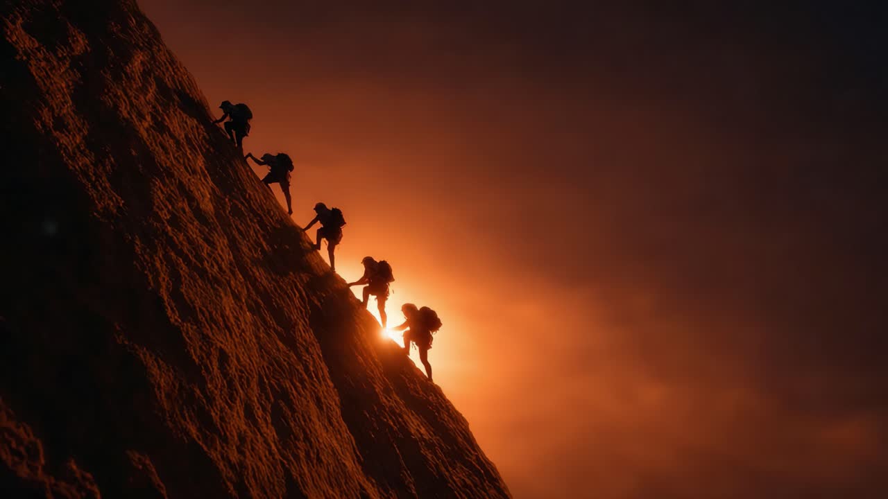 Epic Climbing Expedition: Adventurers Scale a Steep Cliff at Sunset, Battling Elements and Seeking Adventure Amidst Awe-Inspiring Natural Beauty