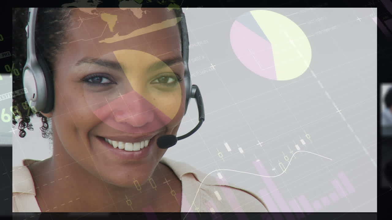 animación de estadísticas y procesamiento de datos sobre personas de negocios que usan auriculares telefónicos