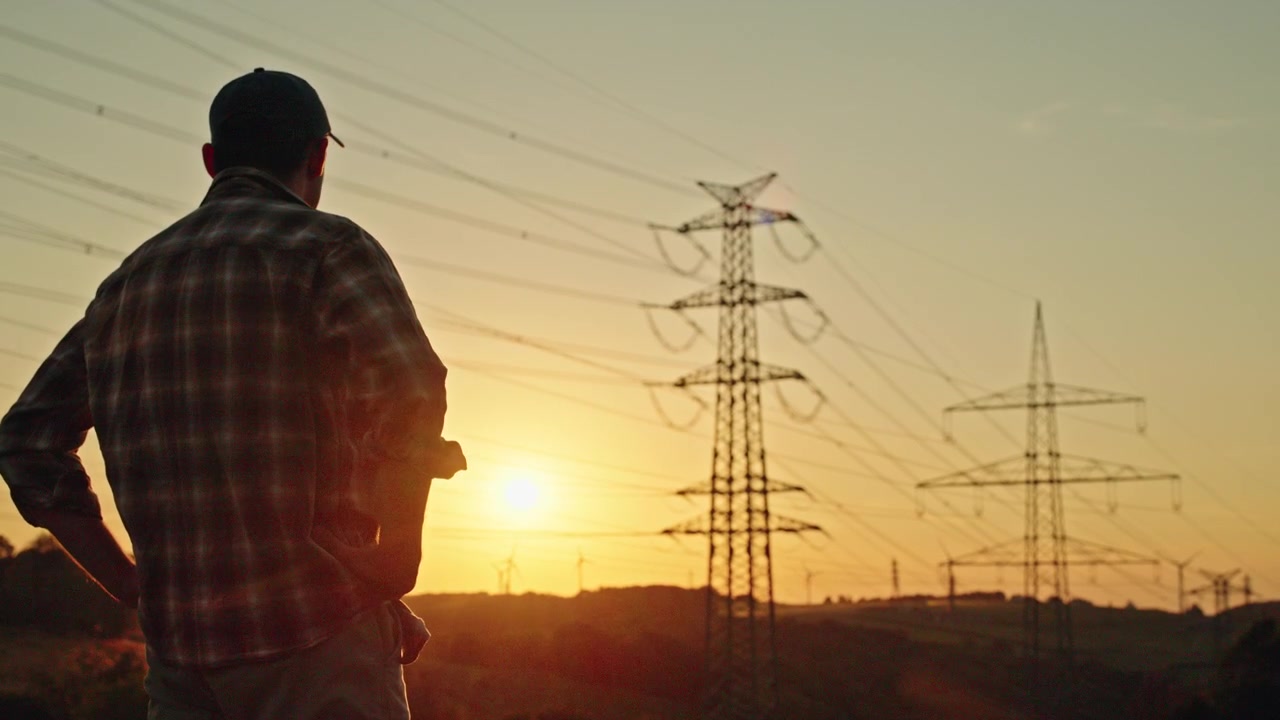 Farmer Watching Power Lines at Sunset