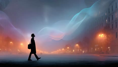 a man walking on a foggy street at night