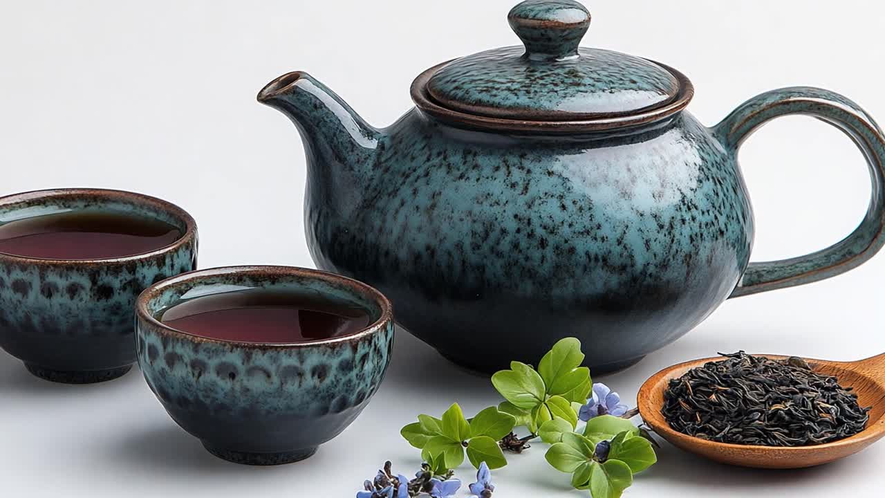 Tea Ceremony with Ceramic Teapot and Cups