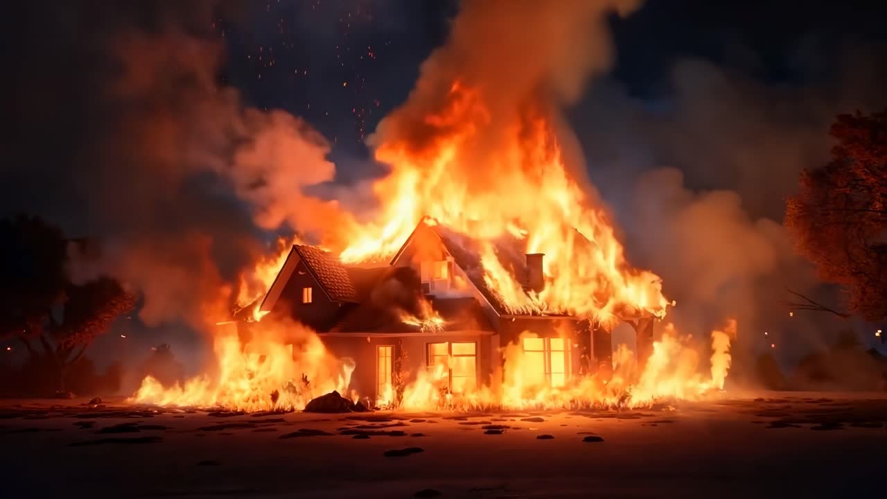 Fermo immagine video drammatico di una casa avvolta dalle fiamme, catturato da un'angolazione bassa