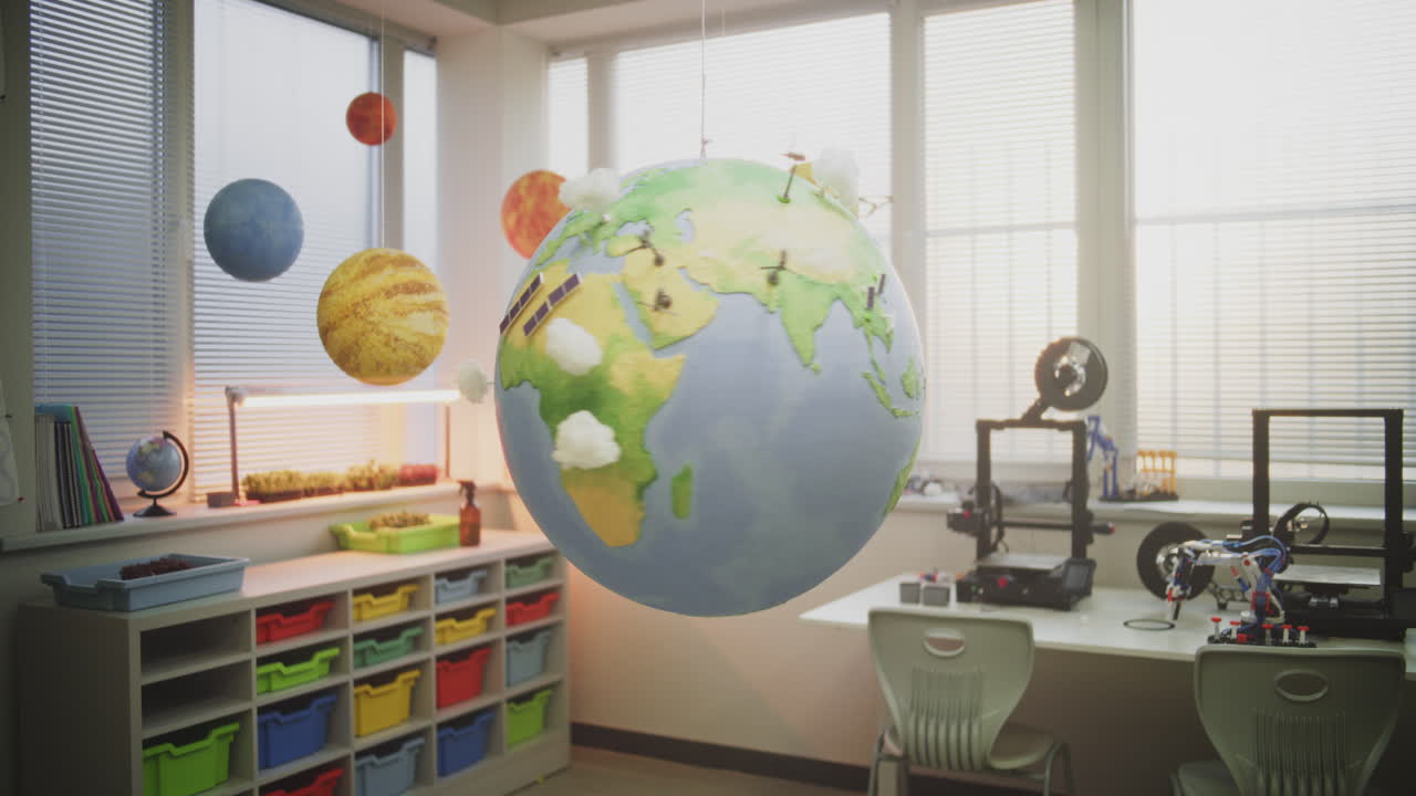 Globe with Miniature 3D Models of Wind Turbines and Solar Panels Hanging in Modern Classroom