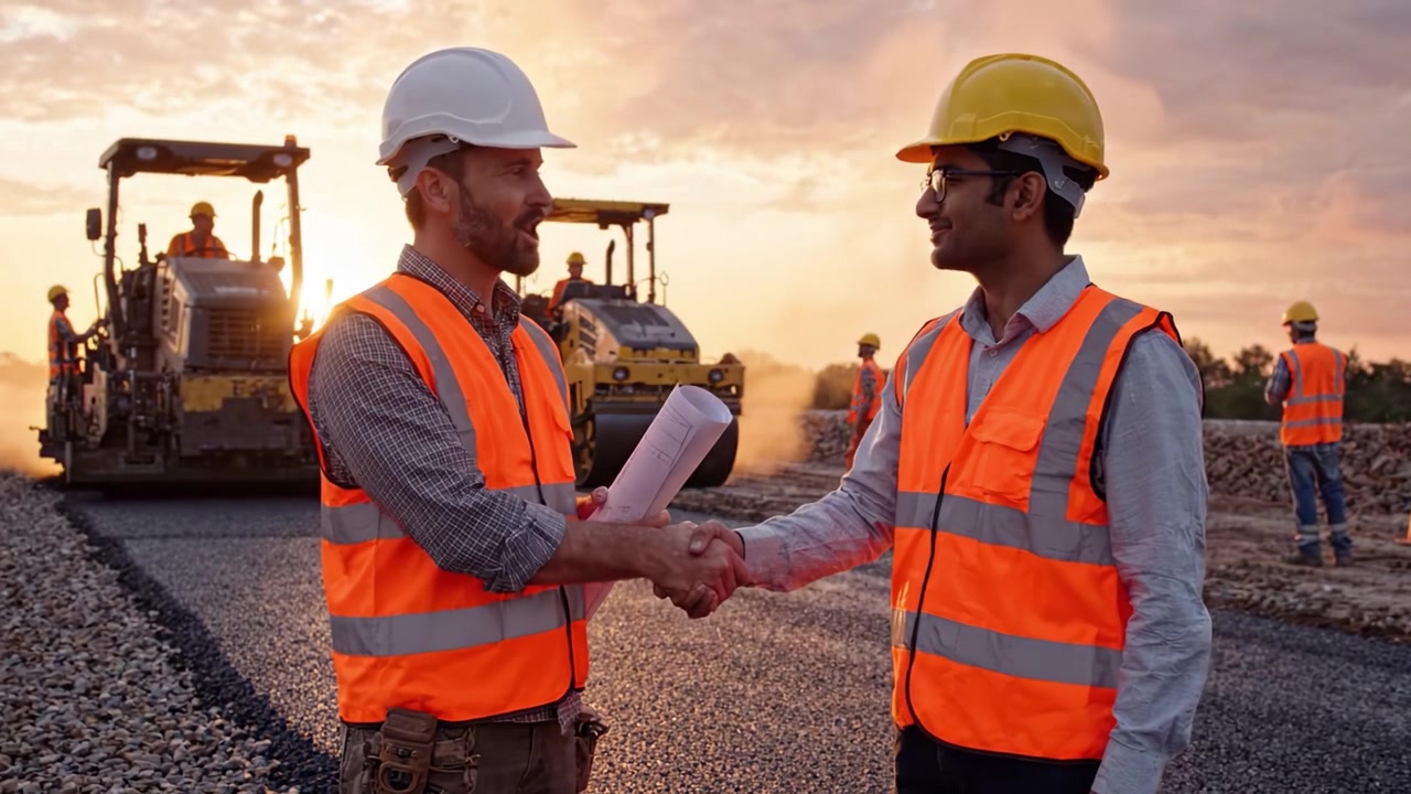 Construction Workers Collaborate on Road Project at Sunset, Showcasing Teamwork and Safety in an Active Roadwork Environment