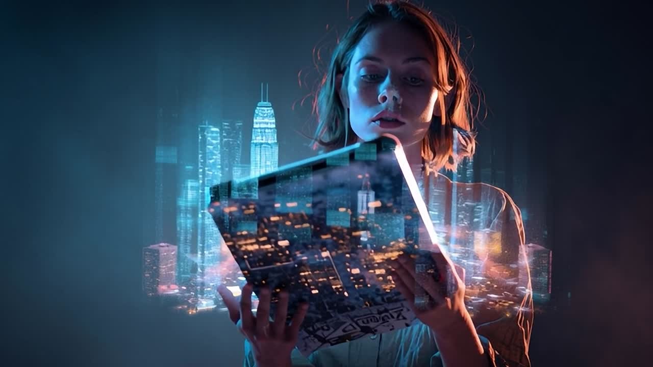 Woman holding book with glowing cityscape background at night