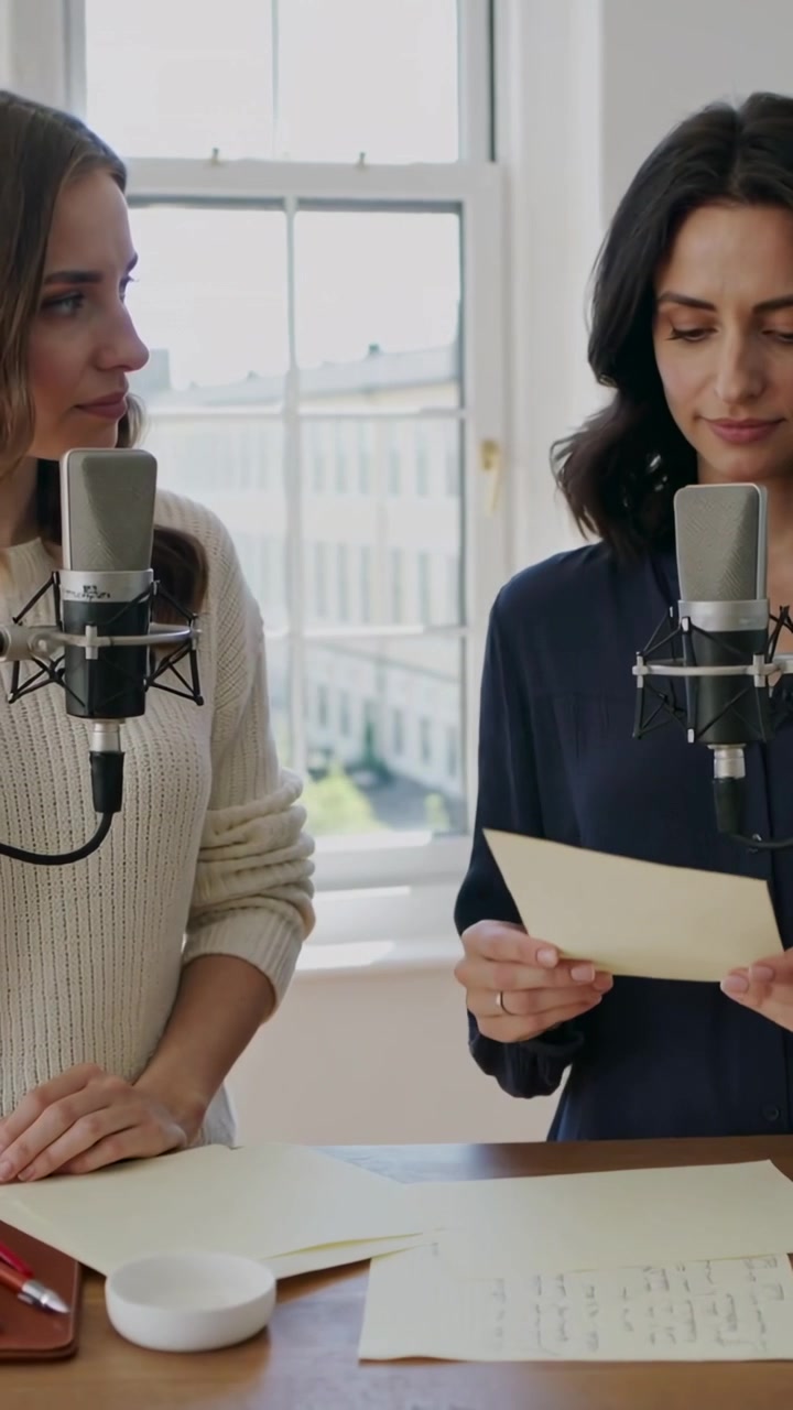 Video verticale: Il conduttore di destra seleziona una pagina e legge nei microfoni in studio con una blusa blu navy, registrando