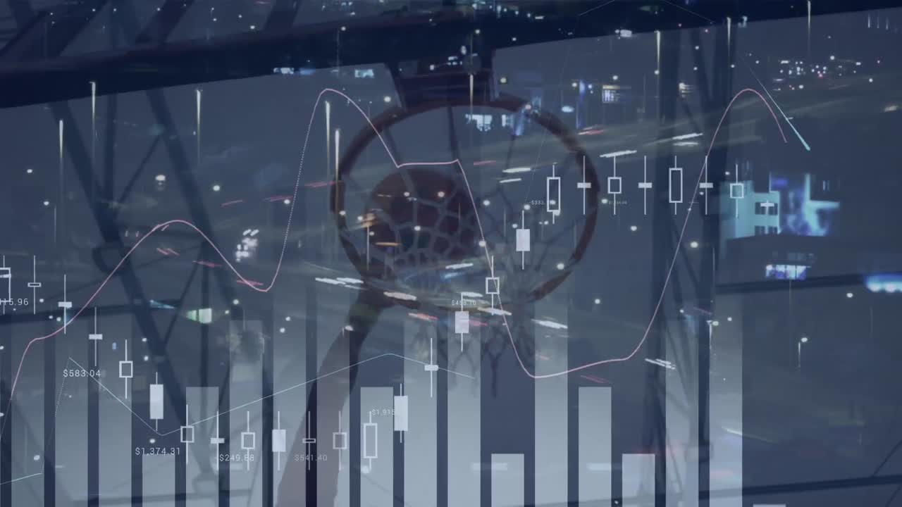 체육관에서 도로와 남성 농구 선수에 대한 데이터 처리 애니메이션