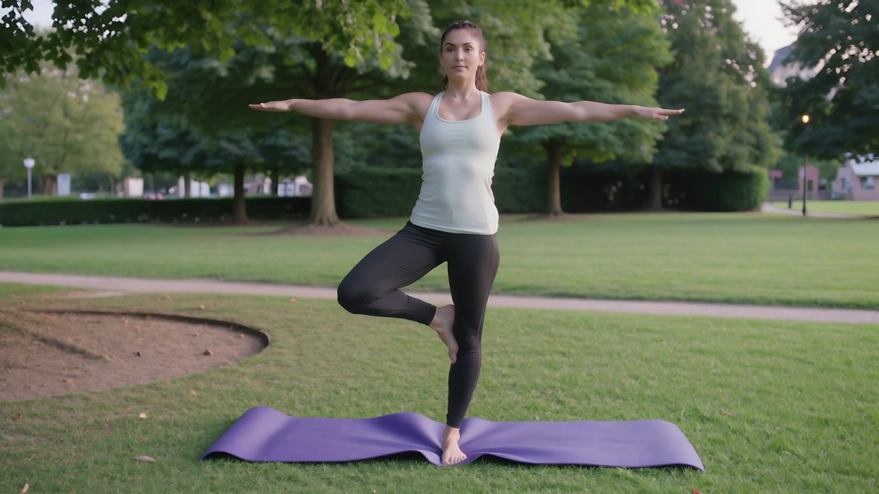 Mulher levantando o pé direito, vestindo regata e leggings pretas, equilibrando-se em um tapete roxo no parque.