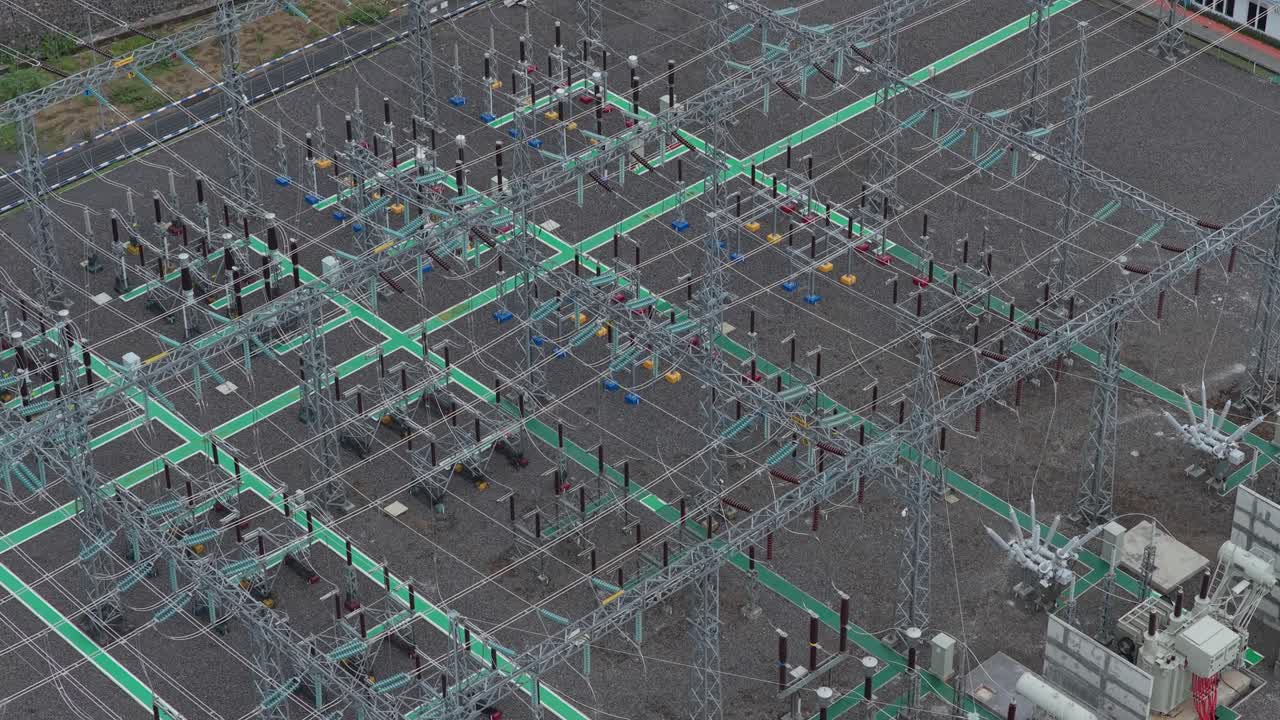 Electrical power station substation grid aerial view