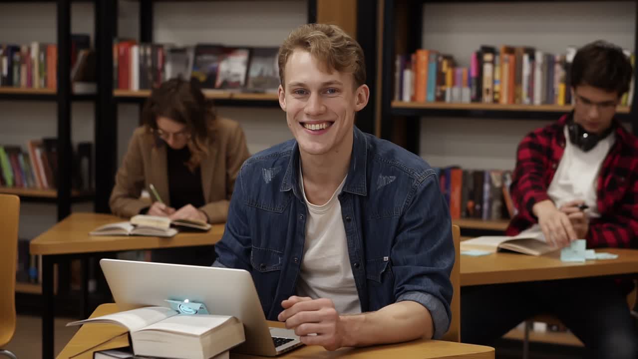Blonde caucasian guy sitting in college library and working on laptop, preparing for exams then looks on a camera and smiling. His classmates and book shelves on the background. Slow motion