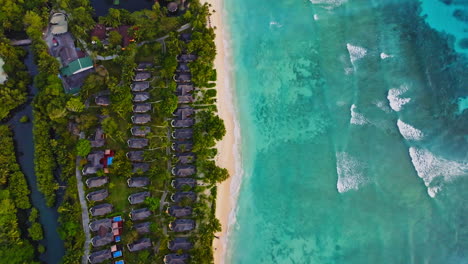 Aerial-drone-view-of-travel-destination-exotic-beach-resort-in-the-Seychelles-Islands