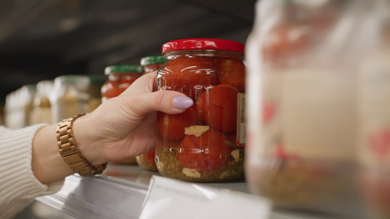 Close up of shopper hands taking transparent glass jar of tomatoes from supermarket shelf rails in bright grocery aisle highlighting polished nails wrist watch and blurred retail background
