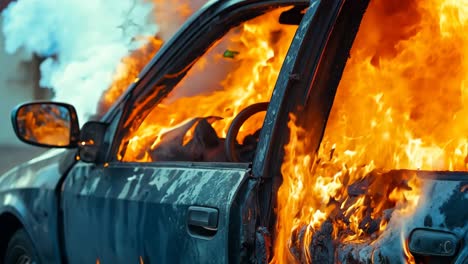 un coche está envuelto por llamas en el lado de la carretera