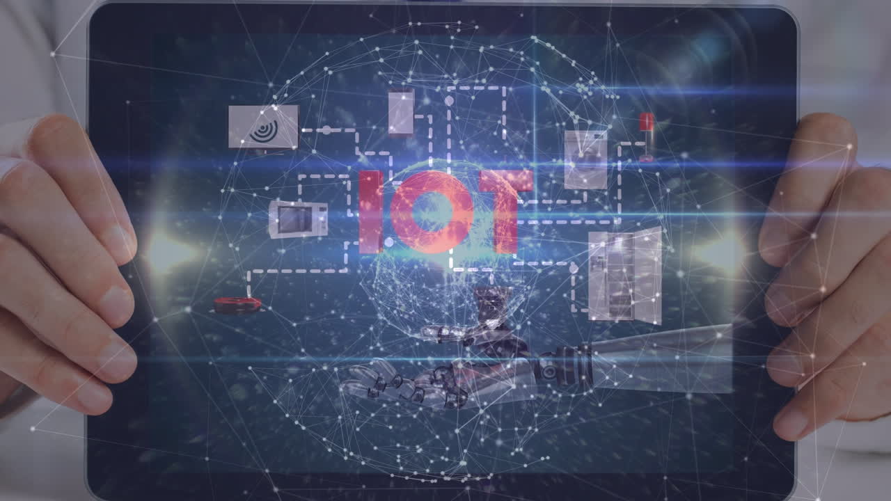 Animation of globe of connections over hands holding tablet with robotic hand and icons