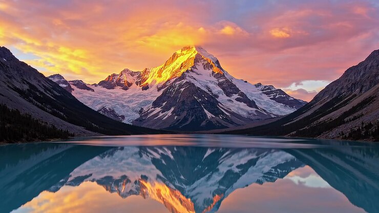 Maestosa montagna innevata che si riflette nell'acqua calma e turchese di un lago