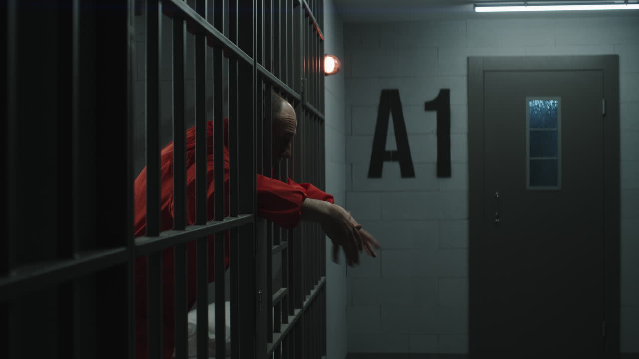 el recluso molesto está detrás de las rejas en la cárcel o el centro correccional