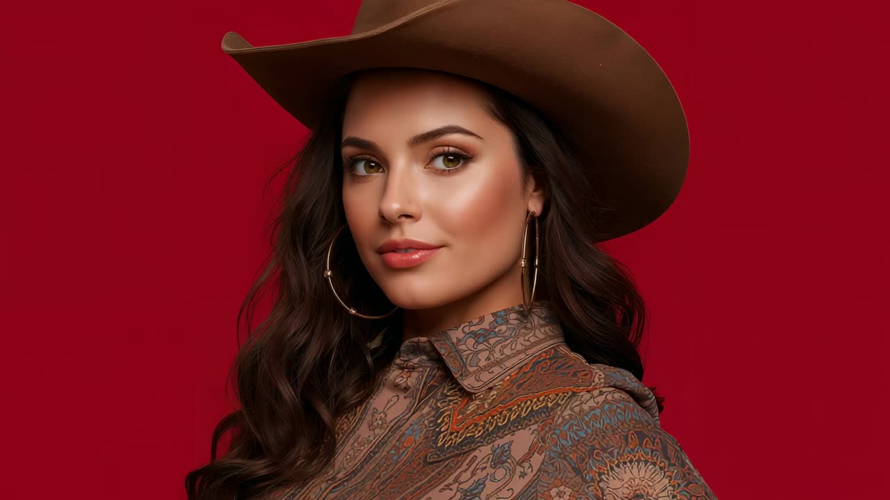 Camera recording model holding pose and winking in red studio, with cowboy hat and paisley shirt