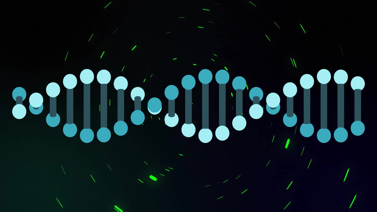 Glowing green and blue digital patterns surrounding DNA strand in animation