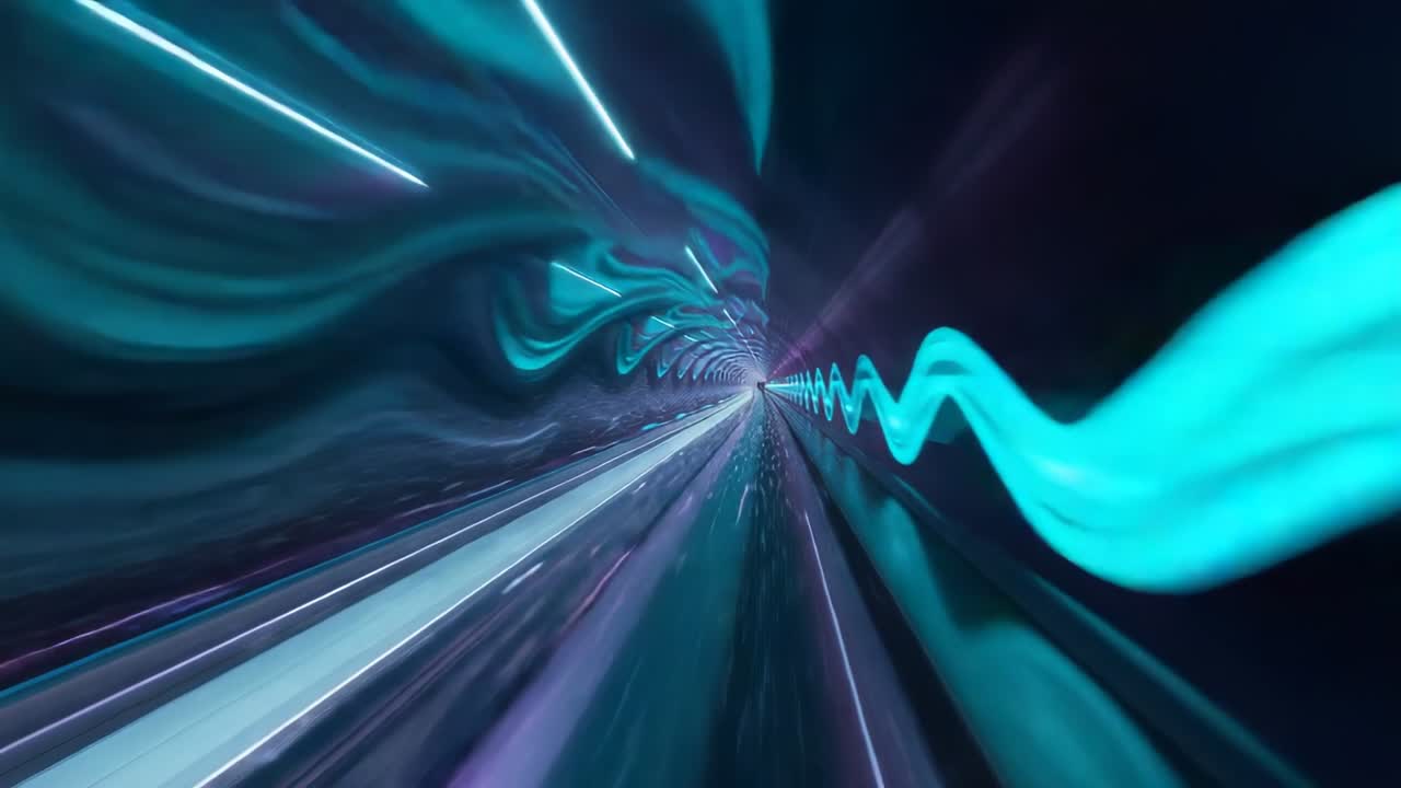 Fotogrammi che avanzano in un tunnel al neon in movimento verso il punto di fuga, simulando un viaggio con un nastro turchese