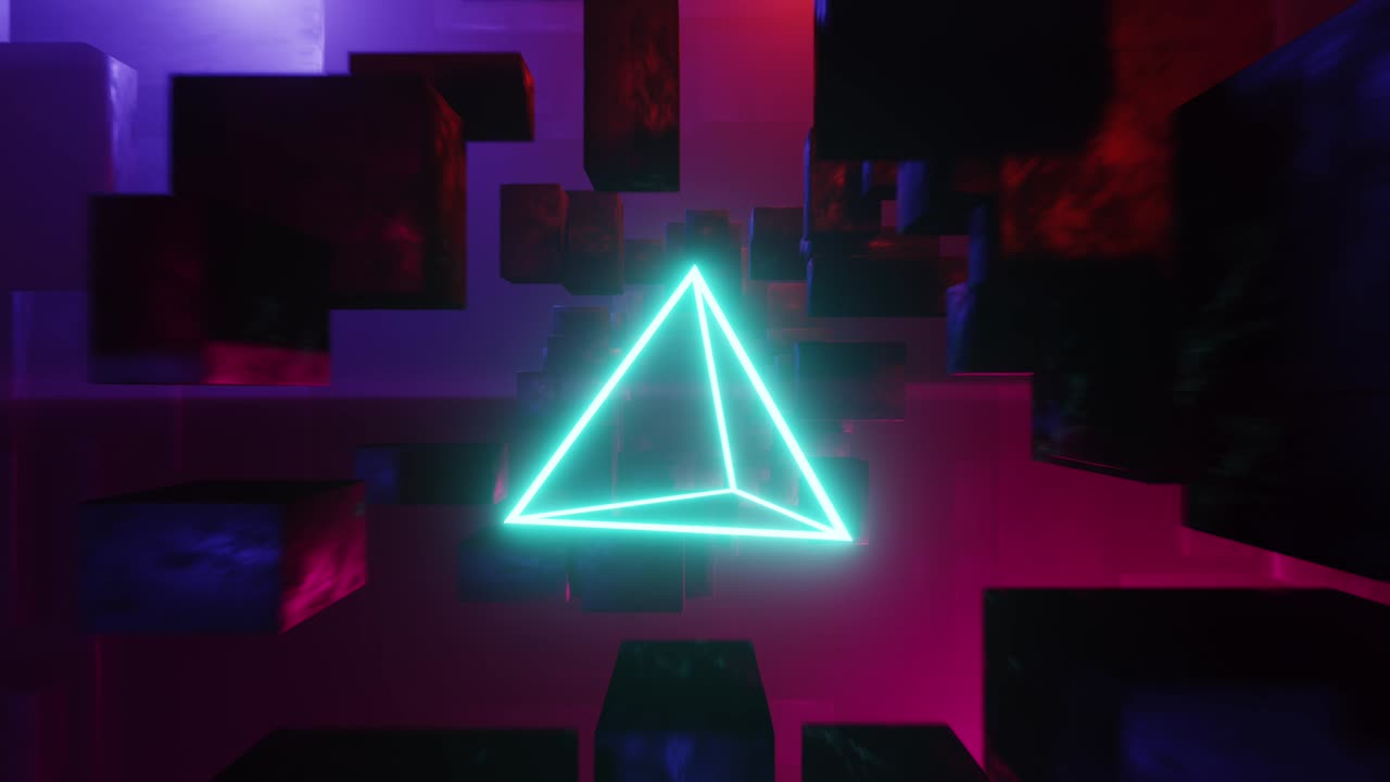 Cube space light disco or scientific futuristic abstract looping background. With rotating triangle in the middle.