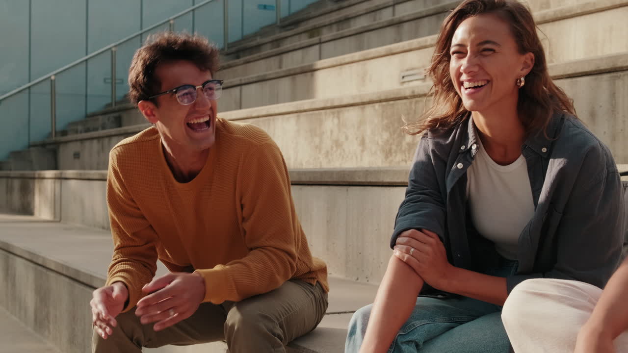 A cheerful young student tells stories to his friends