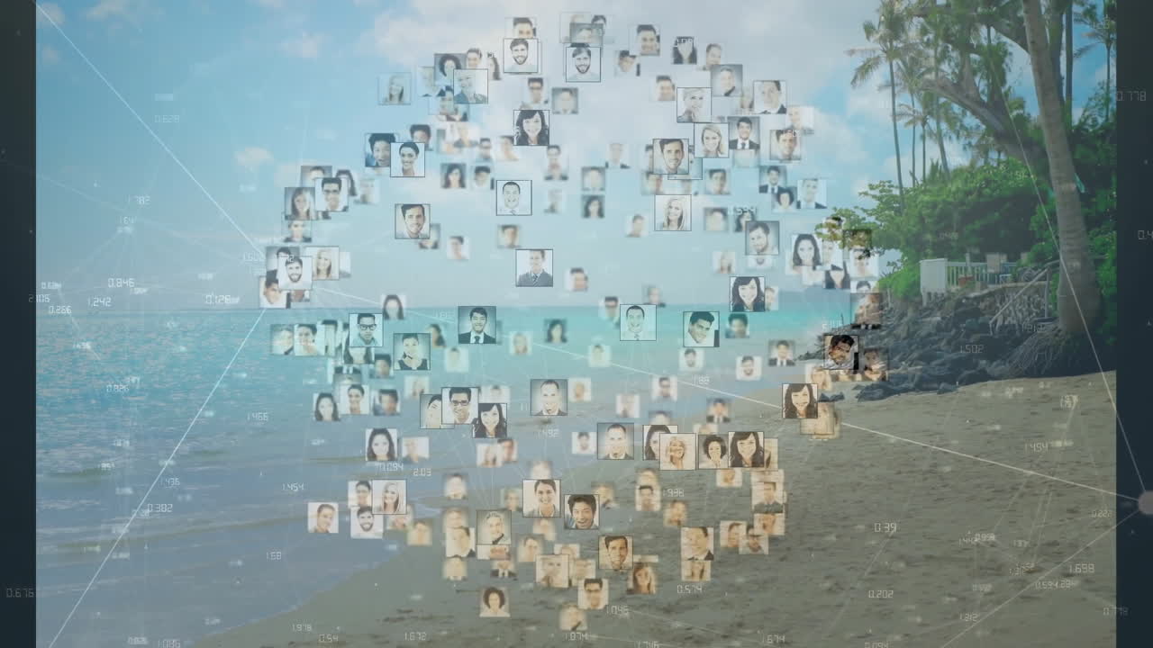 Animation of profile pictures forming globe on tropical beach background