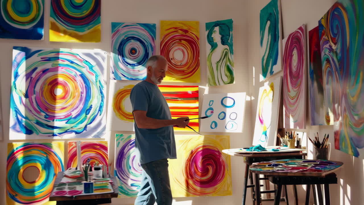 Artist at work in a vibrant studio with colorful paints and abstract art