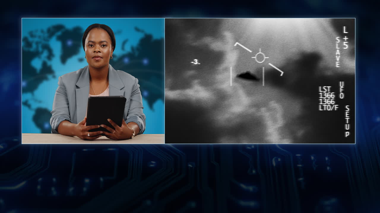 nachrichten, reporterin und sendung im tv-studio