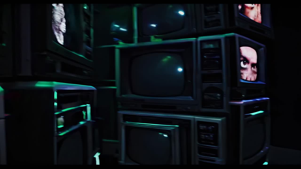 Vintage Televisions in a Dark Neon Room