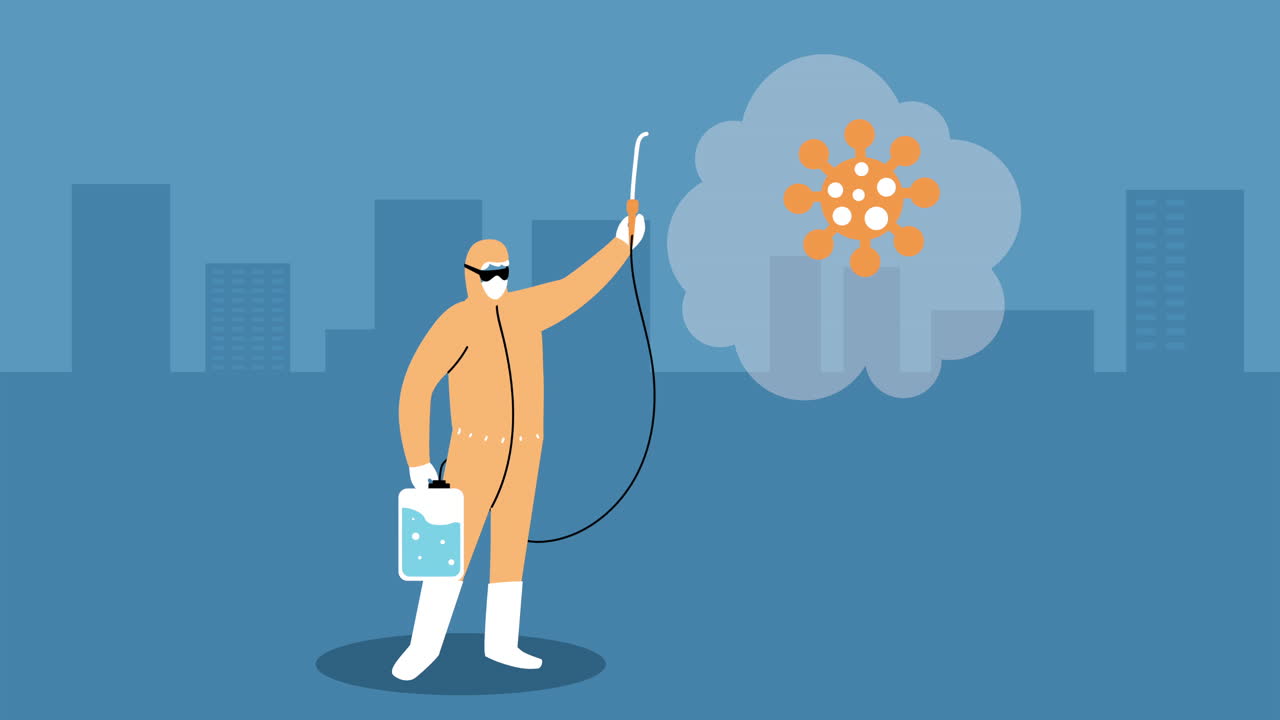 바이오세이프티 슈트와 코로나19 살균제 스프레이를 착용한 노동자