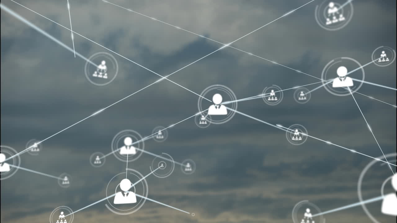 구름이 있는 하늘 위의 아이콘으로 연결된 네트워크의 애니메이션