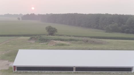 early morning sun newly risen over farm buildings