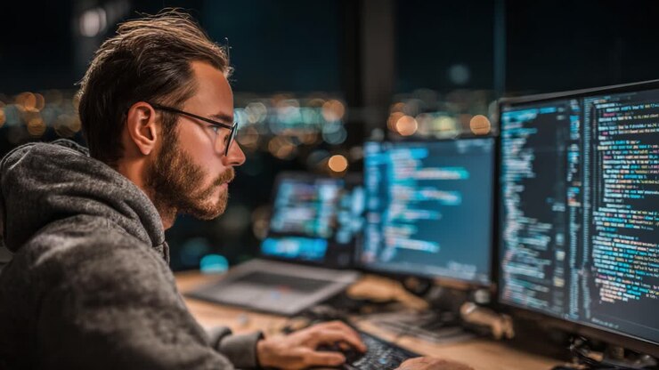 Focused Programmer Engaged in Nighttime Coding Session with Multiple Monitors Displaying Complex Code and Vibrant City Lights in the Background