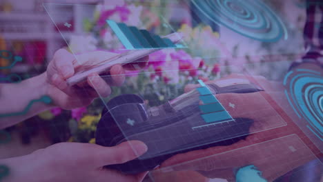 animation of financial data processing over people using payment terminal