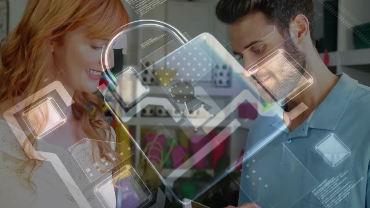 animación del candado de seguridad de la red sobre las personas que utilizan el terminal de pago