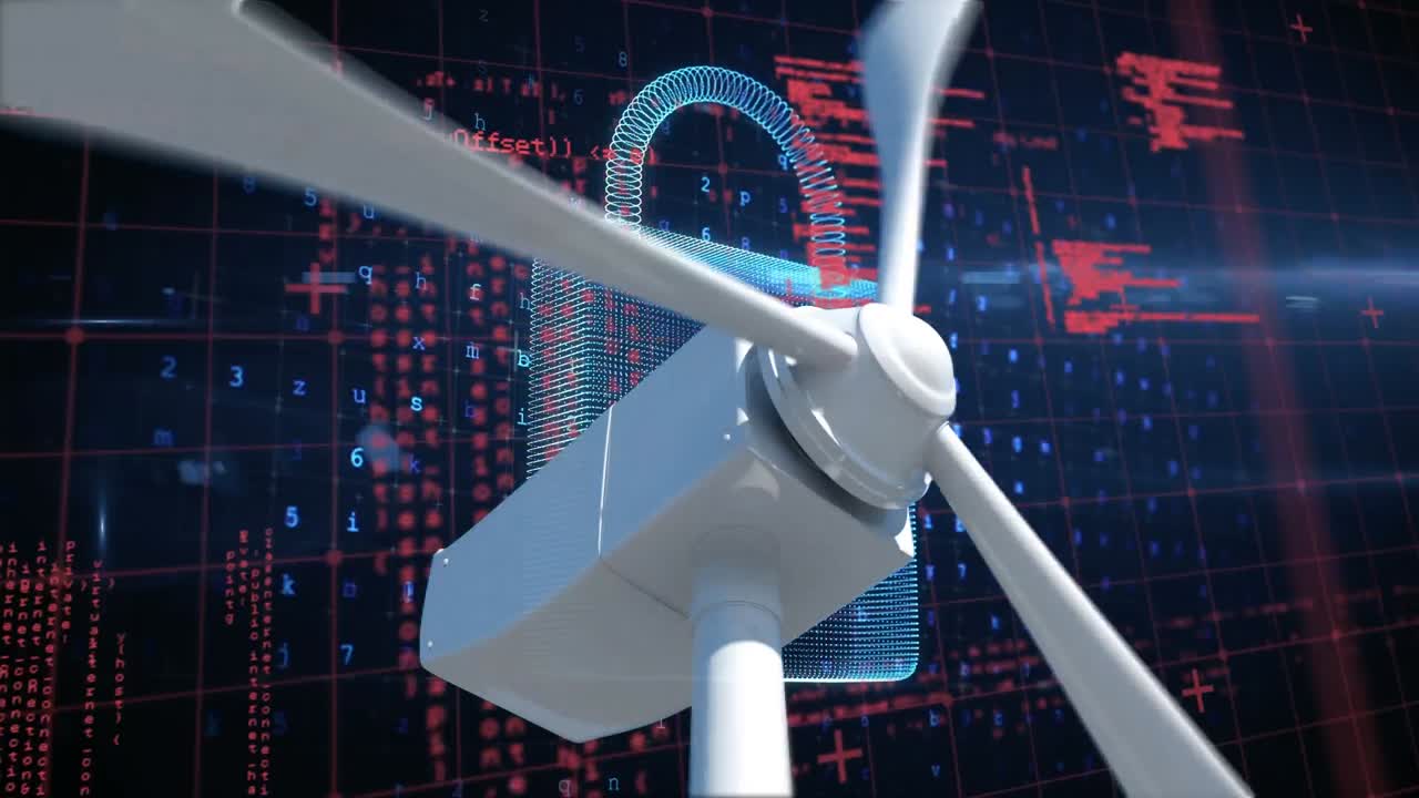 Animation of moving wind turbine over data processing on black background