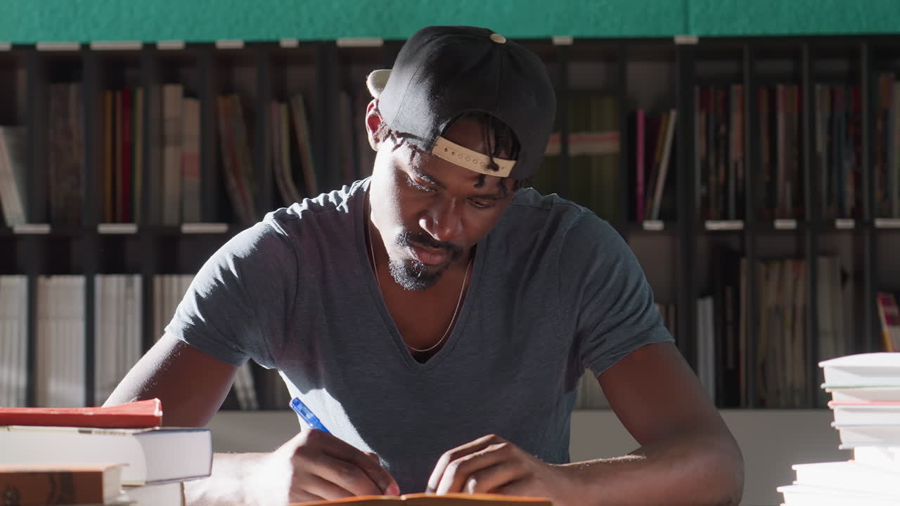 Close up of focused male student in cap writing notes in open book at library desk, sunlit shelves behind, concentrated posture, stacks of textbooks surround workspace during intense study