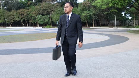 confident asian businessman in formal suit walking on park in the city